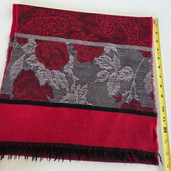 Yves Saint Laurent Women 15x 60" Fringed, Wool Scarf, Red, Burgundy, Grey, Black - Picture 1 of 4